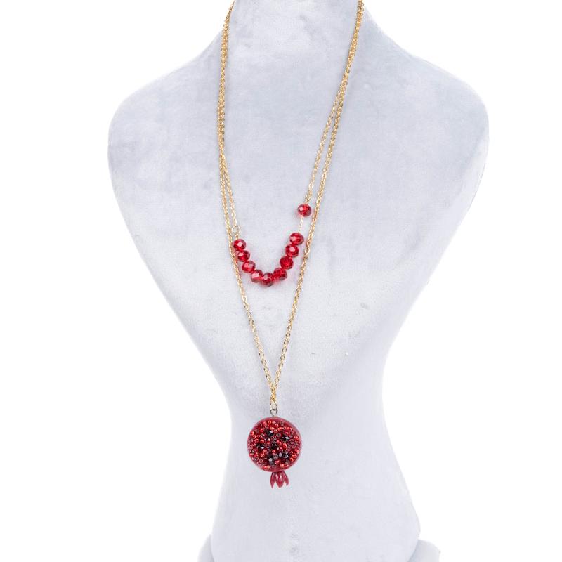 گردنبند یلدایی، دو لاین، کریستال و انار نیمه، استیل، طلایی، کد: D070