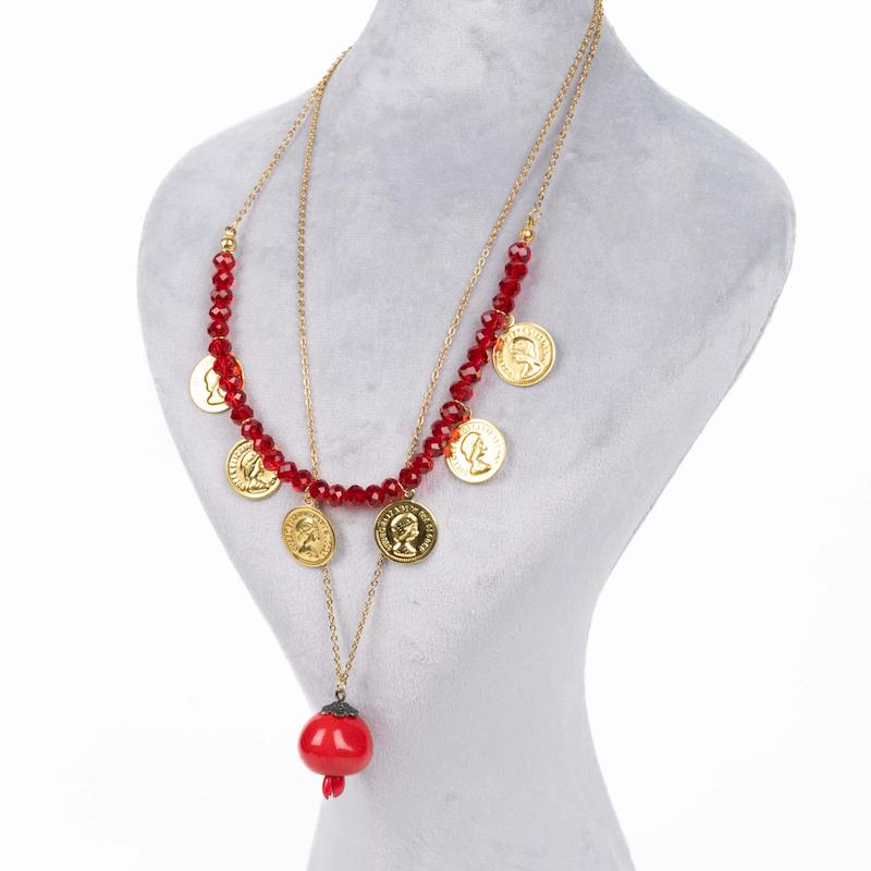 گردنبند یلدایی، دولاین، ترکیب کریستال، زنجیر، سکه و انار، کد: D072