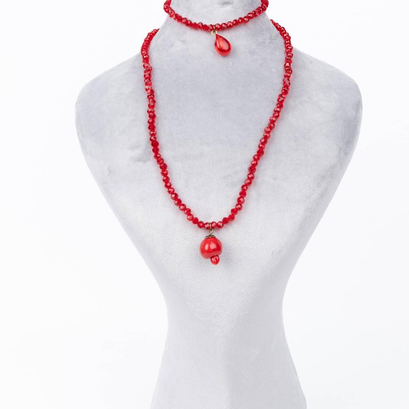 نیمست یلدایی، گردنبند و دستبند، تمام کریستال، با دانه انار و خود انار، متریال برنز، کد:E034