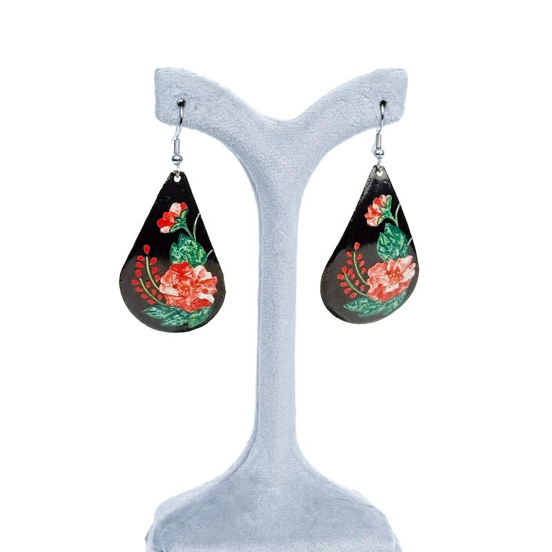 گوشواره دست‌ساز میناکاری، طرح اشک، مشکی قرمز، کد:A0132