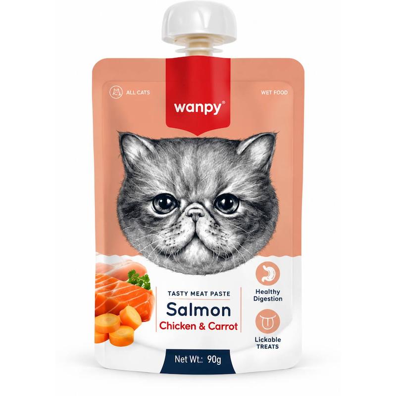پودینگ گربه ونپی با طعم ماهی سالمون، مرغ و هویج سفارش اروپا Wanpy Tasty Meat Paste وزن 90 گرم