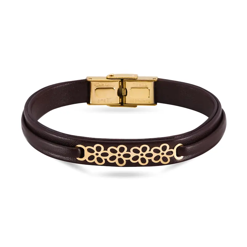 دستبند چرم و طلا زنانه طرح گل کد MT2298