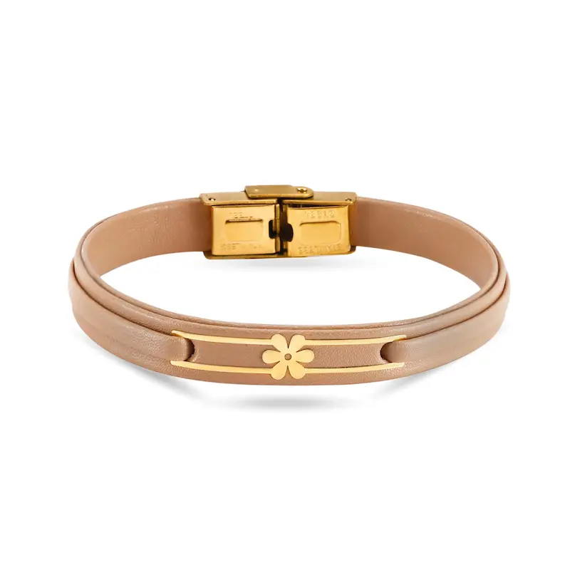 دستبند چرم و طلا طرح گل کد MT2286