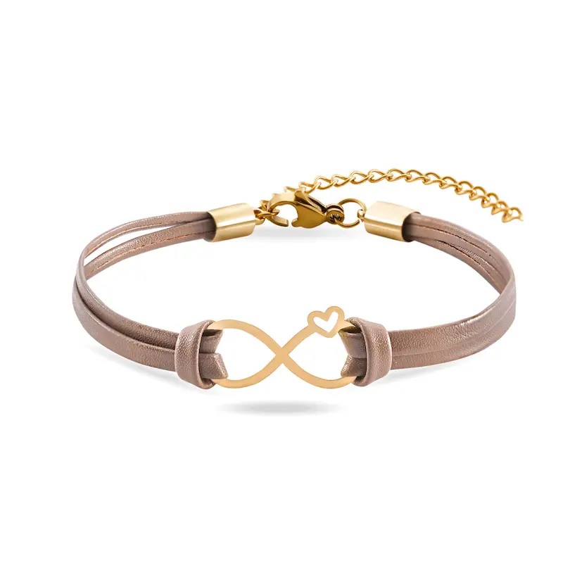 دستبند چرم و طلا زنانه طرح بی نهایت و قلب کد MT2352