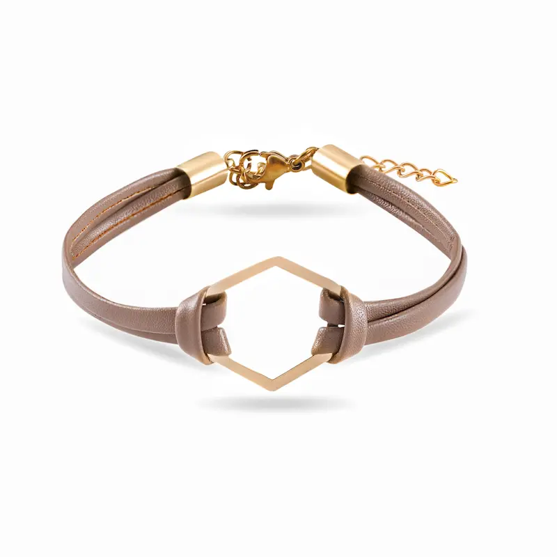 دستبند چرم و طلا زنانه طرح شش ضلعی کد MT2353