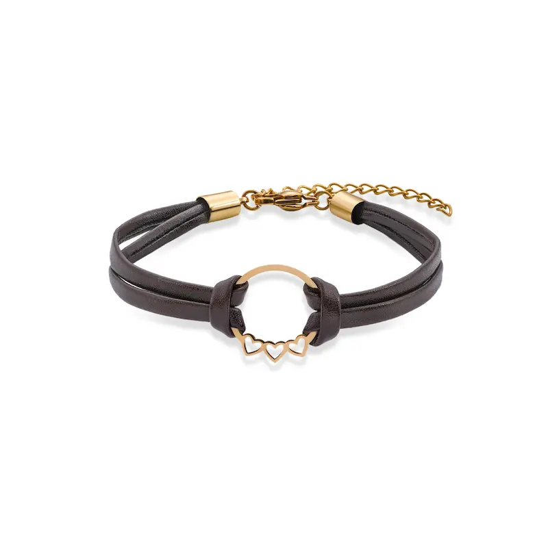 دستبند چرم و طلا زنانه طرح دایره و قلب کد MT2355