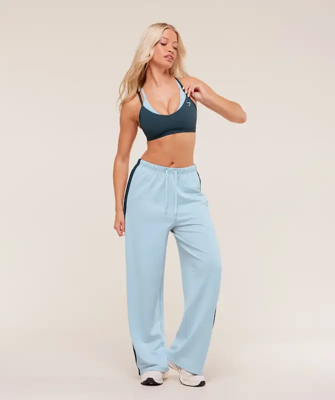 Gymshark Retro Stripe Snap Pants – Smoke Blue / Deep Petrol Blue شلوار ورزشي ابي جيم شارك