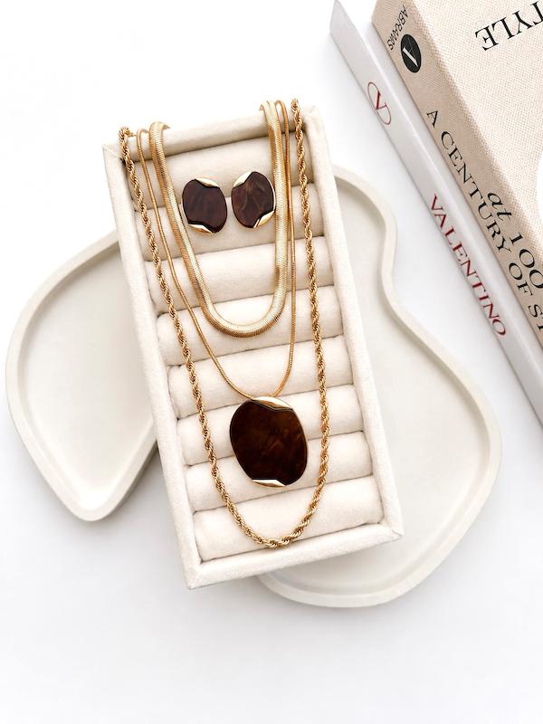 ست گردنبند بیضی قهوه ای ۳ لاین و گوشواره 