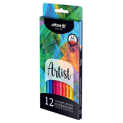 مداد رنگی 12 رنگ فلورسنت آریا ARYA - سری آرتیست - مغز فسفری کد 3611
