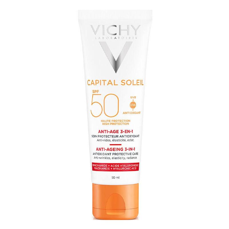 کرم ضد آفتاب ویشی کاپیتال سولی SPF 50 مدل 3 در 1 تیوب سفید