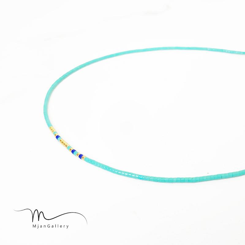 M0035 _ گردنبند، چوکر مورس فیروزه ای کاربنی طلایی ( منجوق میوکی ) 1 رج 1رج تک یک