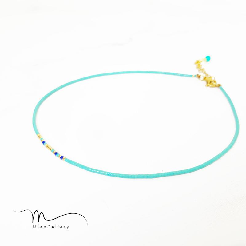 M0035 _ گردنبند، چوکر مورس فیروزه ای کاربنی طلایی ( منجوق میوکی ) 1 رج 1رج تک یک