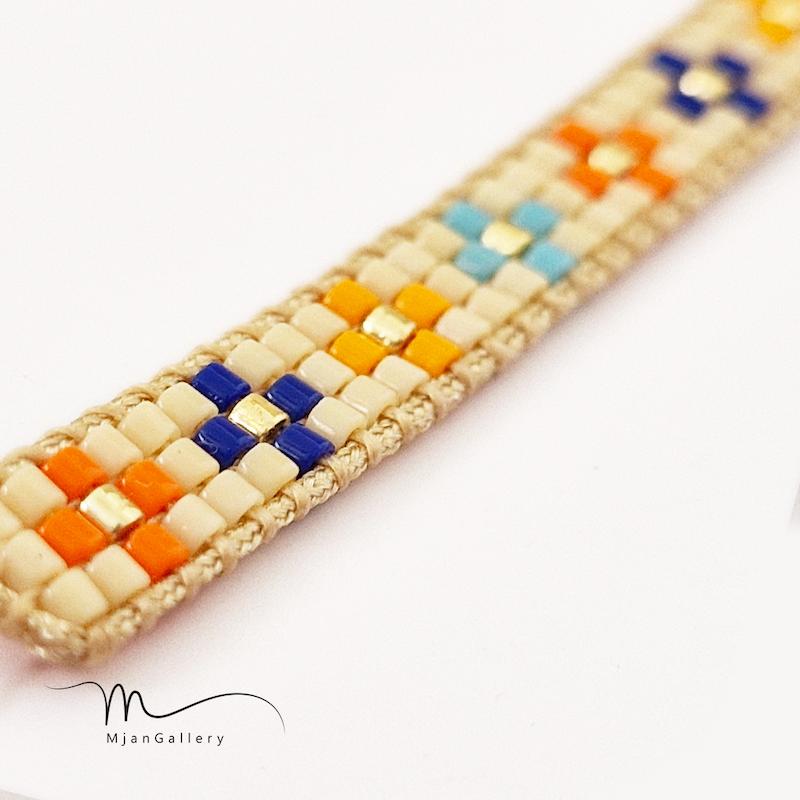 M0127 _ دستبند نیمه آماده برای طلا، کرم نارنجی آبی ( منجوق میوکی ) 3 رج 3رج سه