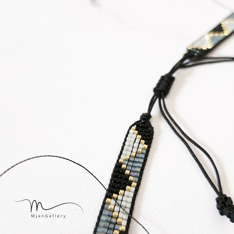 M0214 _ دستبند نیمه آماده برای پلاک، مشکی طوسی ( منجوق میوکی ) 5 رج 5رج پنج