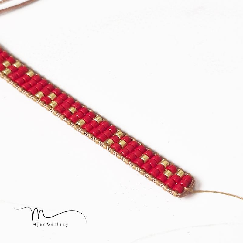 M0255 _ دستبند نیمه آماده باریک قرمز طلایی ( منجوق میوکی ) 3 رج 3رج سه