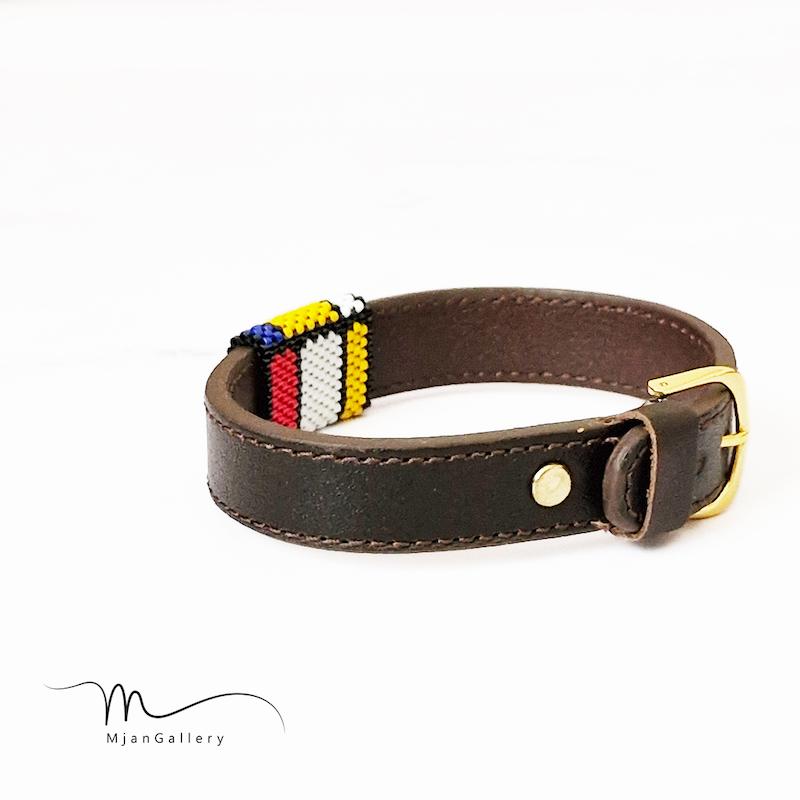 M0284 _ دستبند چرم مردانه 1/4 سانت با طرح موندریان ( منجوق میوکی )