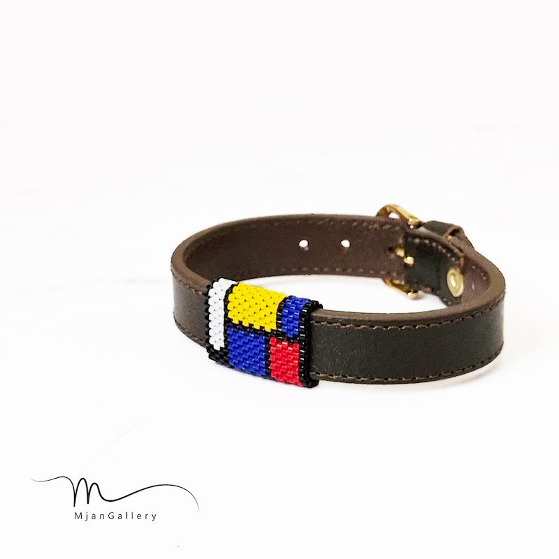 M0284 _ دستبند چرم مردانه 1/4 سانت با طرح موندریان ( منجوق میوکی )