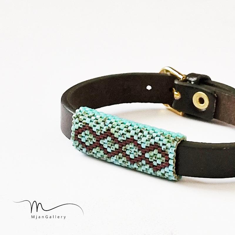 M0286 _ دستبند چرم مردانه با منجوق، طرح دو طرفه ( منجوق میوکی )