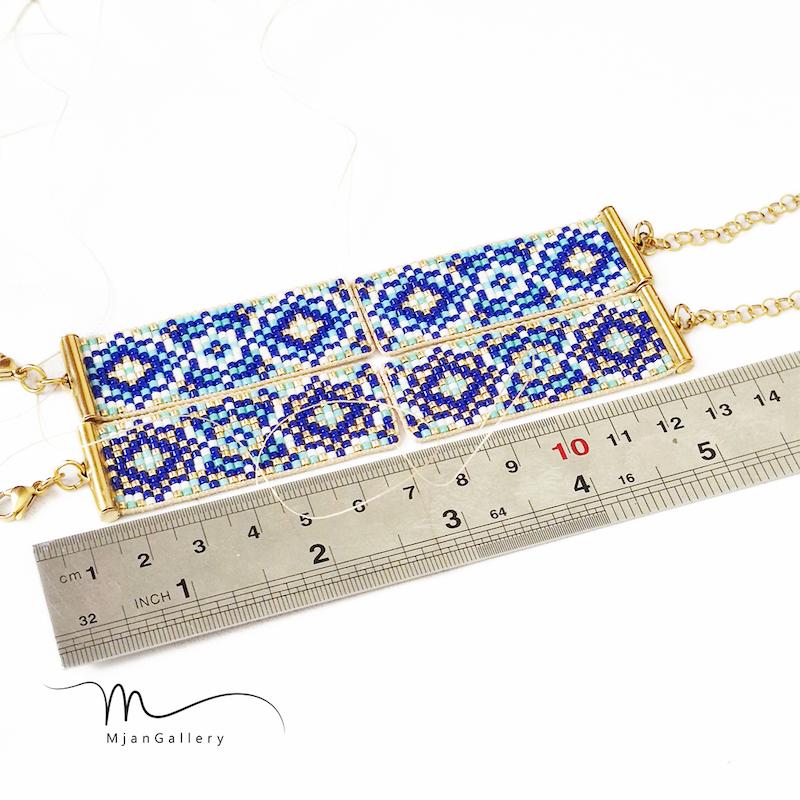 M0288 _ دستبند نیمه آماده، آبی کاربنی طلایی ، 2 سانت ( منجوق میوکی ) 13 رج 13رج سیزده