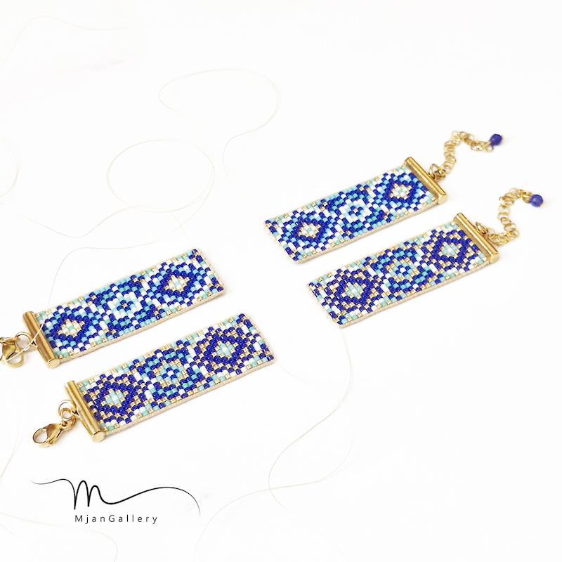 M0288 _ دستبند نیمه آماده، آبی کاربنی طلایی ، 2 سانت ( منجوق میوکی ) 13 رج 13رج سیزده