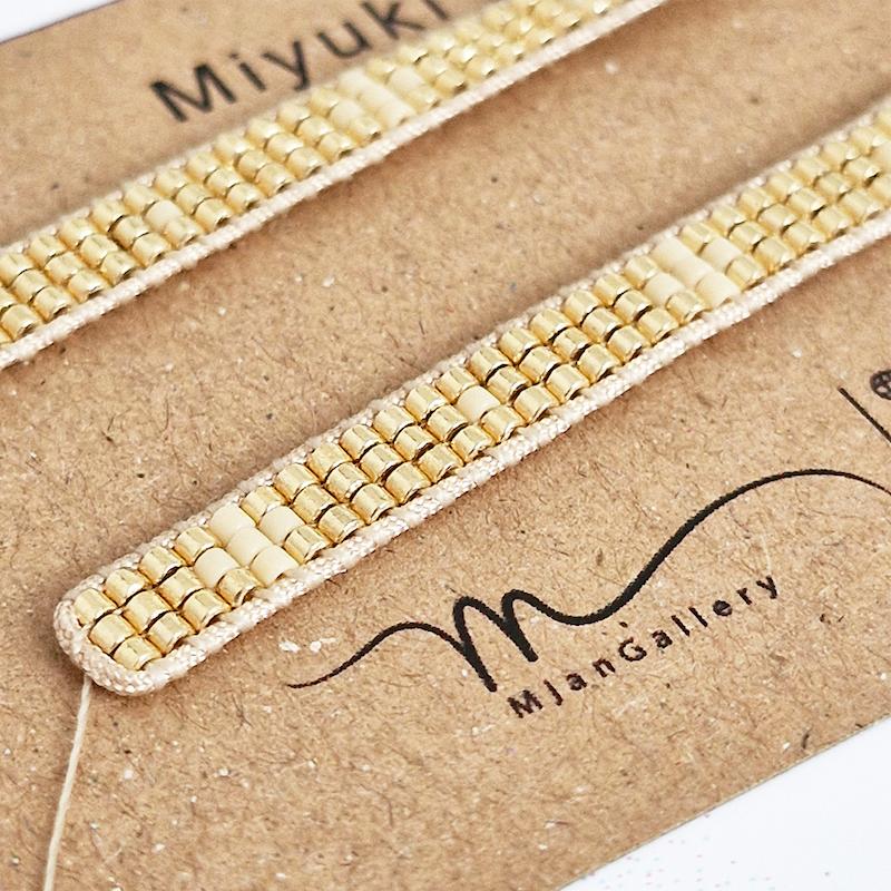 M0219 _ دستبند نیمه آماده باریک، کرم قرمز و طلایی ( منجوق میوکی ) 3 رج 3رج سه