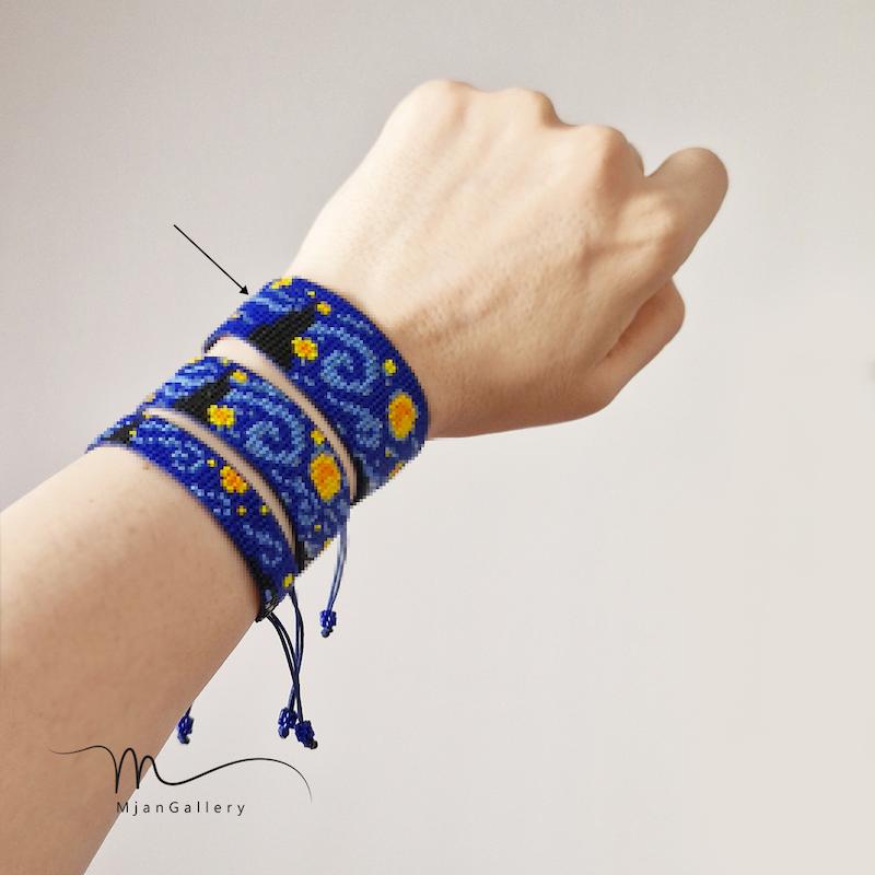 M0226 _ دستبند شب پرستاره، سه سانتی، گره کشویی، ونگوگ ( منجوق ابریشمی و میوکی ) 19 رج 19رج نوزده