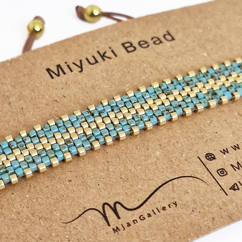M0319 _ دستبند فیروزه پیکاسویی و طلایی  9 رج ( منجوق میوکی )