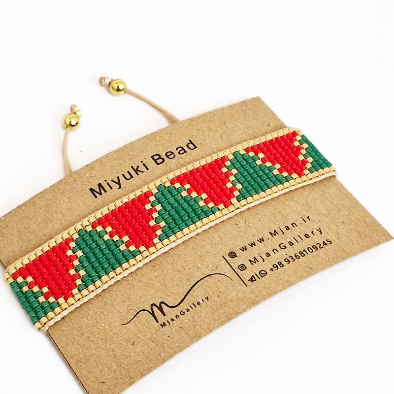 M0367 _ دستبند منجوق کاج کریسمس، سبز و قرمز، 11 رج ( منجوق میوکی) 