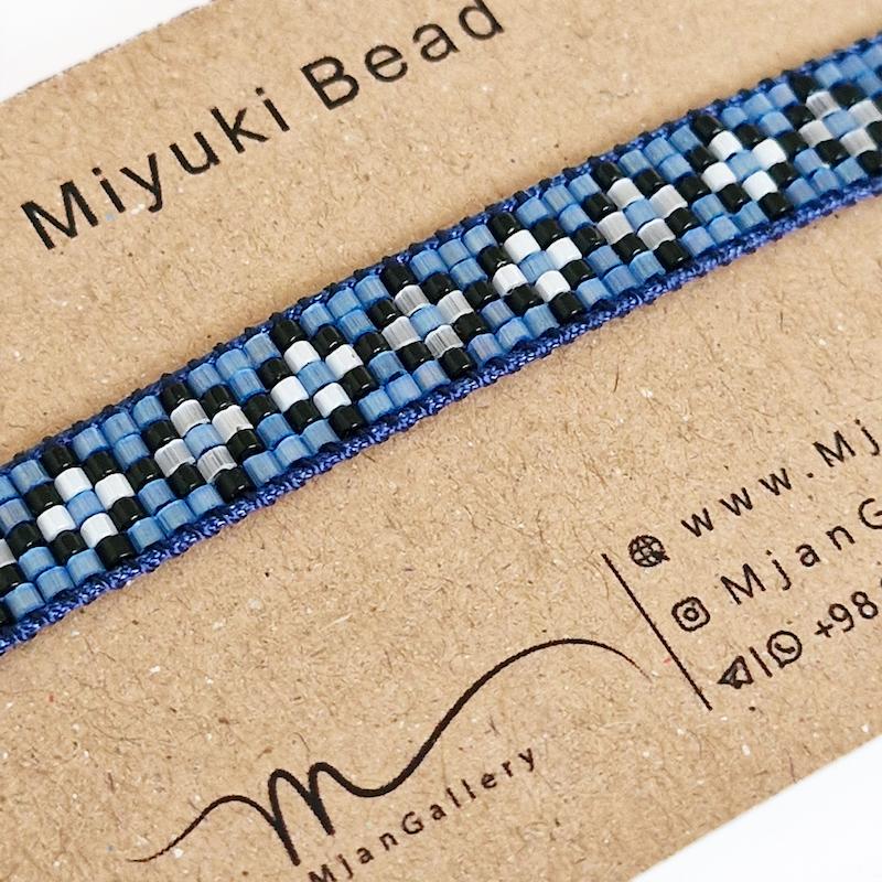 M0737 _ دستبند میوکی ابریشمی آبی سفید مشکی 5 رج ( منجوق میوکی )