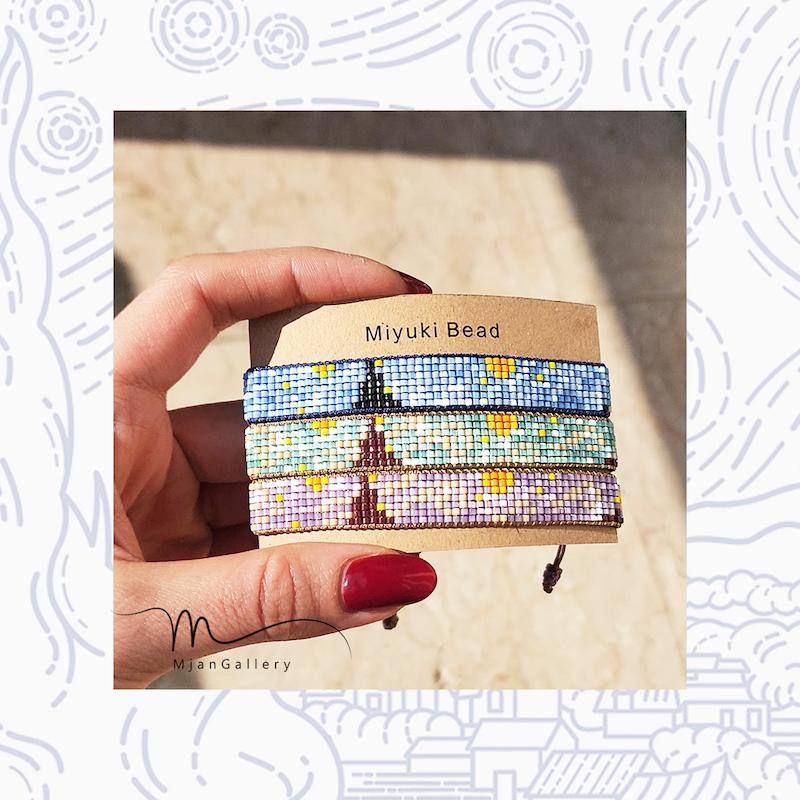 M0739 _ دستبند باریک شب پرستاره شاینی، گره کشویی، ونگوگ ( منجوق میوکی و ابریشمی ) 7 رج