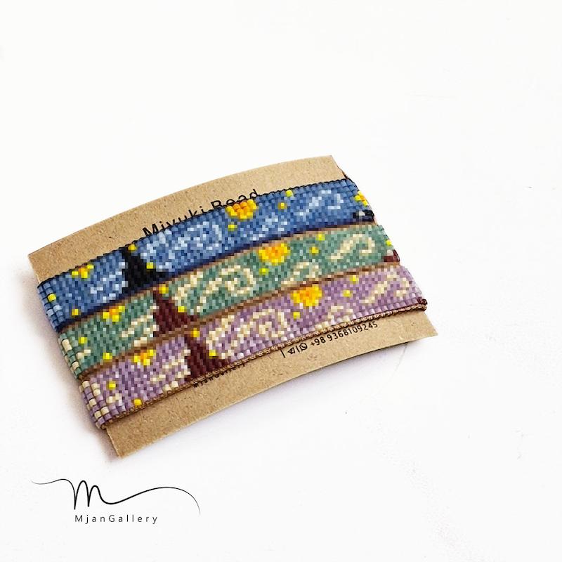 M0739 _ دستبند باریک شب پرستاره شاینی، گره کشویی، ونگوگ ( منجوق میوکی و ابریشمی ) 7 رج 7رج هفت رج