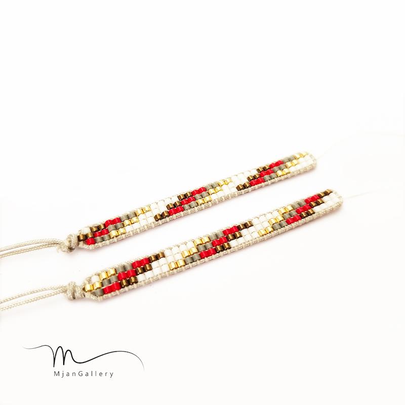 M0216 _ دستبند نیمه آماده باریک، طوسی قرمز، 3 رج ( منجوق میوکی )