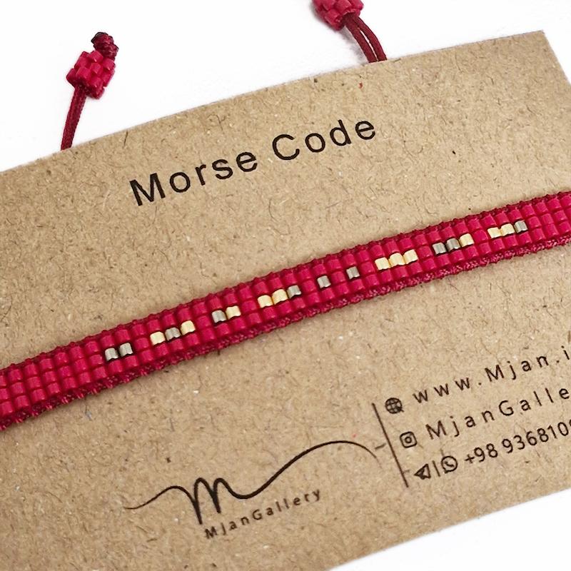 M0376 _ دستبند مورس قرمز تیره براق، نقره ای و طلایی 3 رج ( منجوق میوکی )