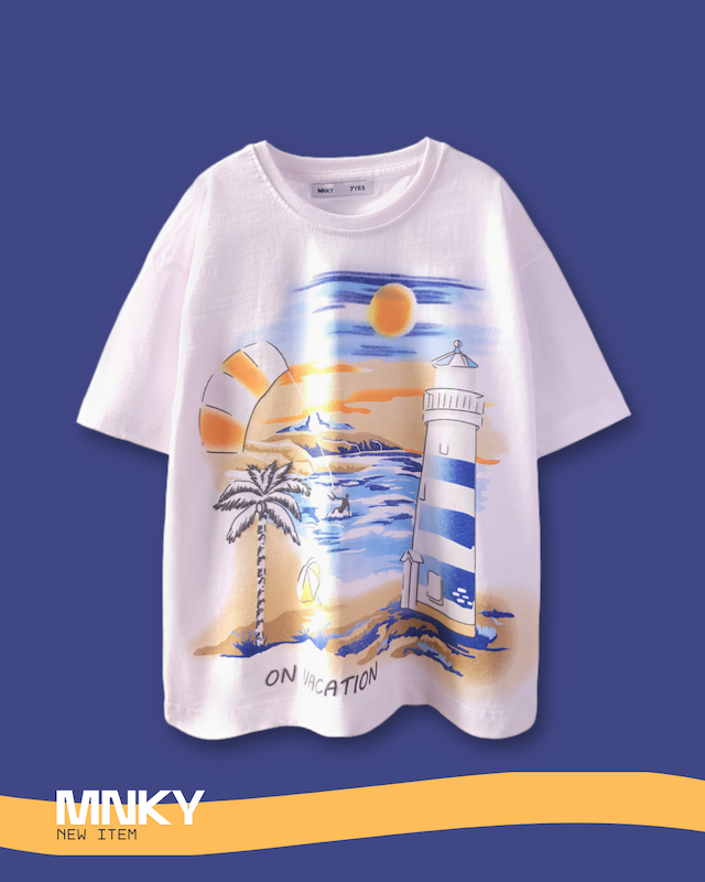 پک 4 عددی تیشرت سفید 7 تا 10 سال طرح فانوس دریایی کد 1621