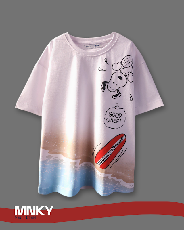 پک 4 عددی تیشرت سفید 7 تا 10 سال طرح اسنوپی تخته شنا کد 1631