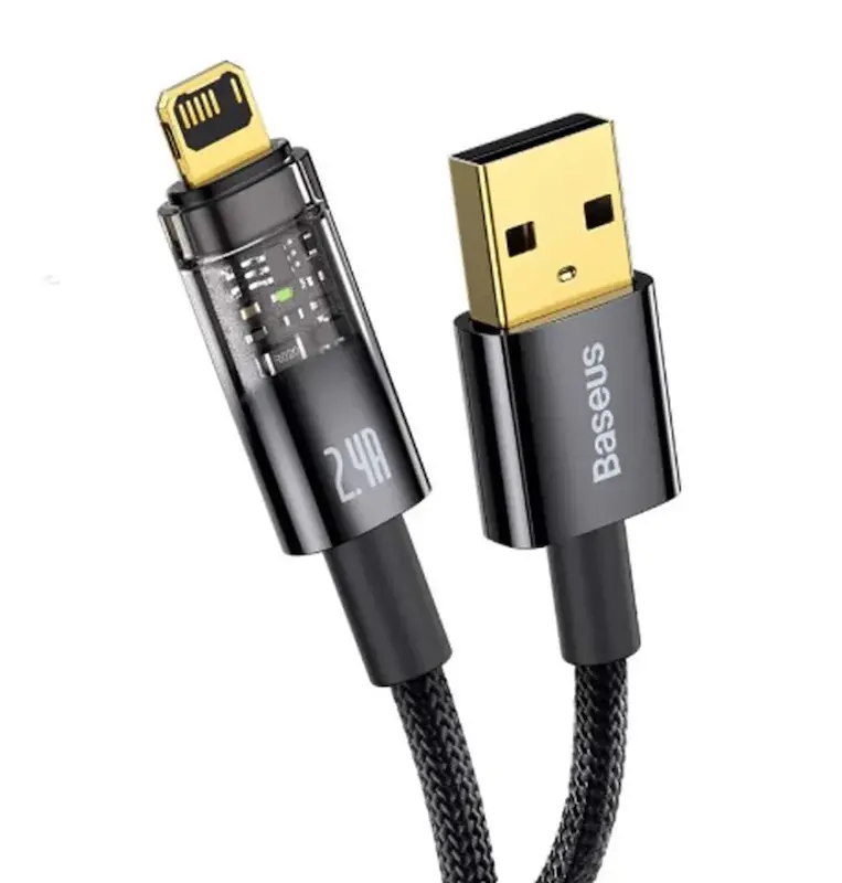 کابل شارژ USB به لایتنینگ باسئوس مدل Baseus Explorer Series Auto Power-Off Fast Charging Data Cable جریان 2.4 آمپر طول 2 متر با گارانتی 24 ماهه شرکتی