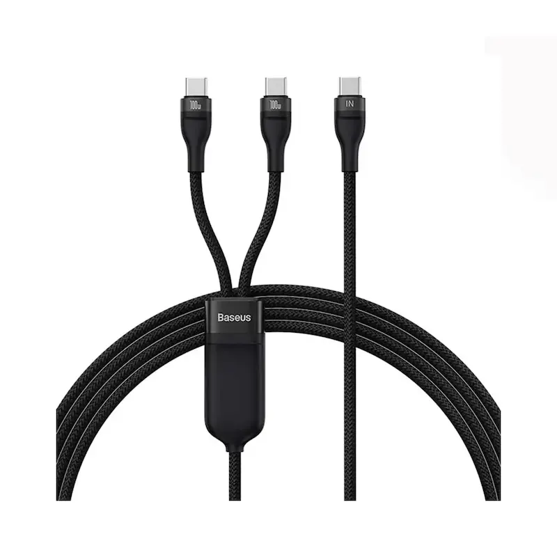 کابل شارژ یک به دو USB-C به USB-C باسئوس مدل Baseus Flash Series Ⅱ One-for-Two Fast Charging Cable توان 100 وات طول 1.5 متر با گارانتی 24 ماهه شرکتی