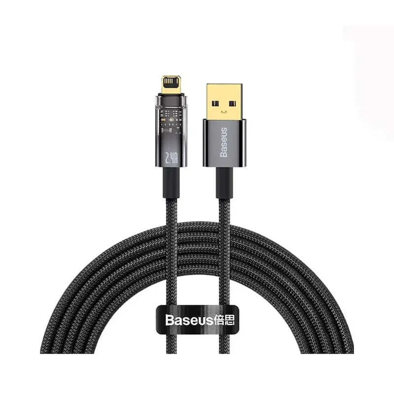 کابل شارژ USB به لایتنینگ باسئوس مدل Baseus Explorer Series Auto Power-Off Fast Charging Data Cable جریان 2.4 آمپر طول 1 متر با گارانتی 24 ماهه شرکتی