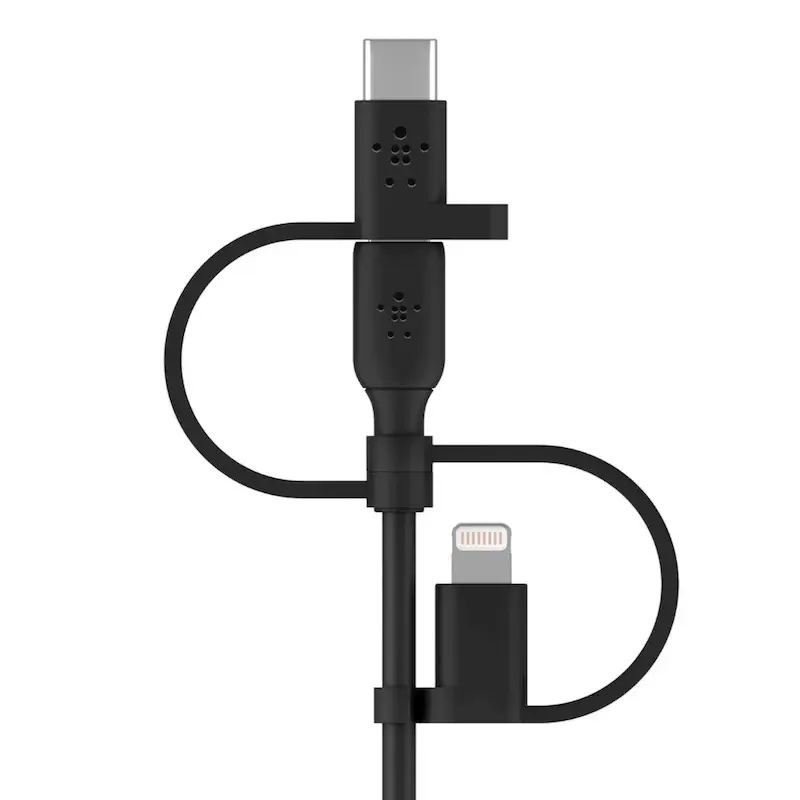 کابل شارژ سریع بلکین 1 به 3 USB-A به لایتنینگ - USB-C و Micro-USB مدل CAC001bt1MBK با گارانتی 18 ماهه شرکتی