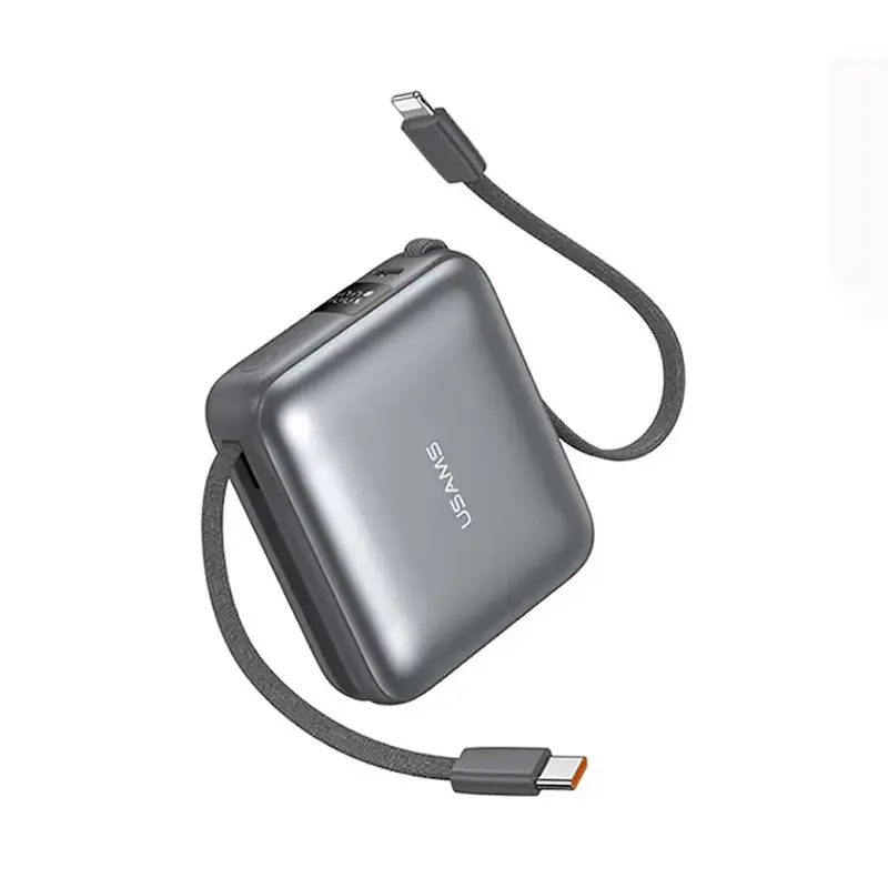 پاوربانک 10000 میلی آمپر یوسمز 20 وات مدل Usams CD240 10KCD24001 دارای دو کابل USB-C و لایتنینگ متصل با گارانتی 12 ماهه شرکتی