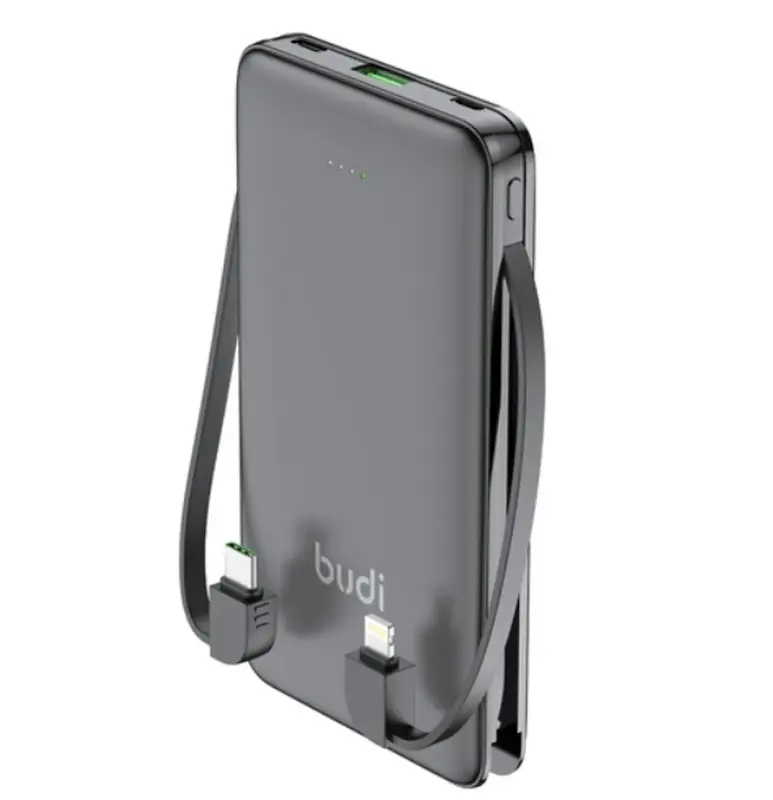 پاوربانک بودی 10000 میلی آمپر 20 وات مدل Budi PB088B دارای یک خروجی USB و دو کابل خروجی USB-C و لایتنینگ با گارانتی ۱۸ ماهه شرکتی (۶ ماه تعویض)