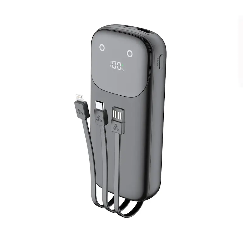 پاوربانک فست شارژ 10000 میلی آمپر بودی توان 20 وات مدل Budi PB083B1 با 4 پورت خروجی و 3 کابل USB/USB-C/لایتنینگ با گارانتی ۱۸ ماهه شرکتی (۶ ماه تعویض)