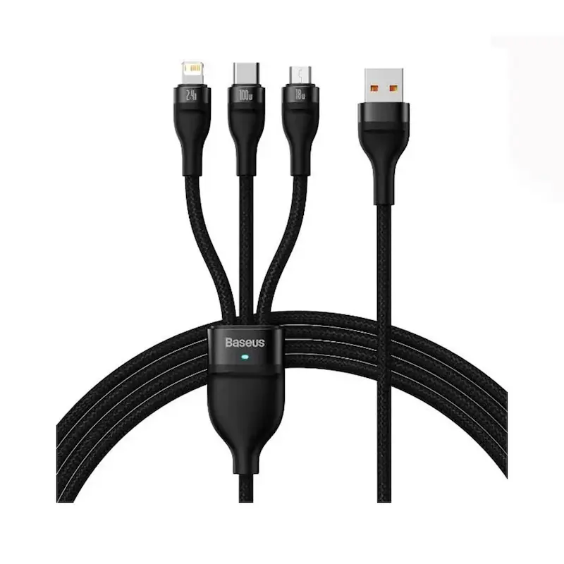 کابل شارژ یک به سه USB به microUSB/USB-C/لایتنینگ باسئوس مدل Baseus Flash Series Ⅱ One-for-three Fast Charging Data Cable USB to M+L+C 66W طول 1.2 متر با گارانتی 24 ماهه شرکتی