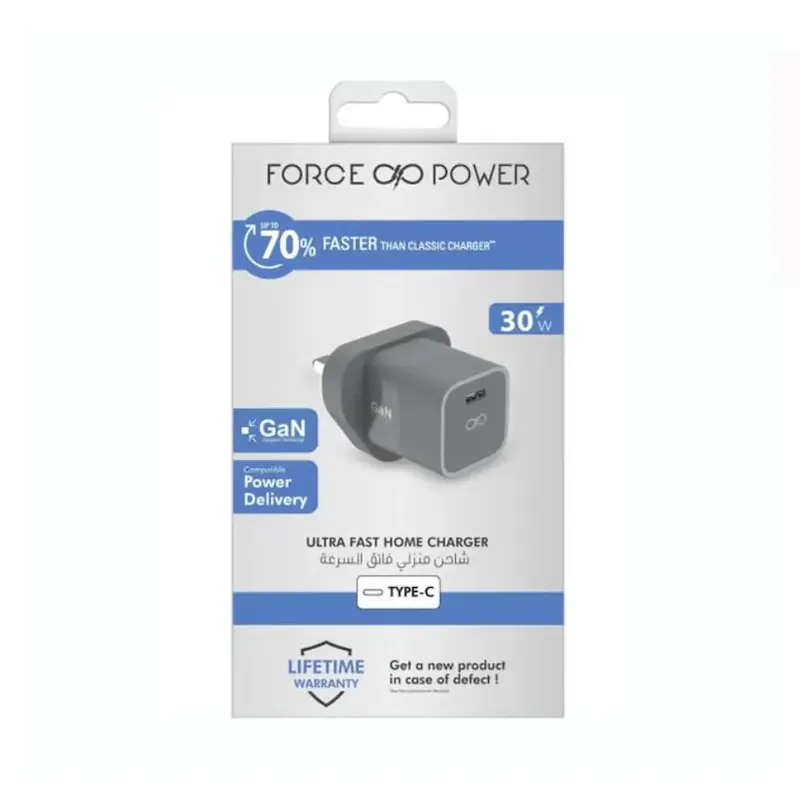 شارژر دیواری 30 وات فورس مدل Force FPCS30WCGANGUK سه پین با یک خروجی USB-C با گارانتی 18 ماهه شرکتی