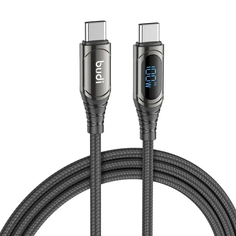کابل شارژ کنفی ‌USB-C به ‌USB-C بودی مدل Budi DC229TT15B توان 100 وات طول 1.5 متر با گارانتی ۱۸ ماهه شرکتی (۶ ماه تعویض)