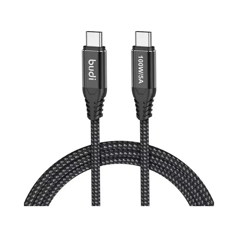 کابل شارژ کنفی ‌USB-C به ‌USB-C بودی مدل Budi DC220TT15B توان 100 وات طول 1.5 متر با گارانتی ۱۸ ماهه شرکتی (۶ ماه تعویض)