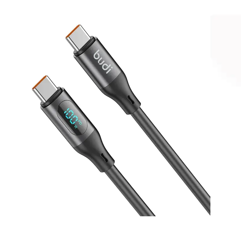 کابل فست شارژ کنفی USB-C به USB-C بودی مدل Budi DC262TT12B توان 100 وات طول 1.2 متر با گارانتی ۱۸ ماهه شرکتی (۶ ماه تعویض)