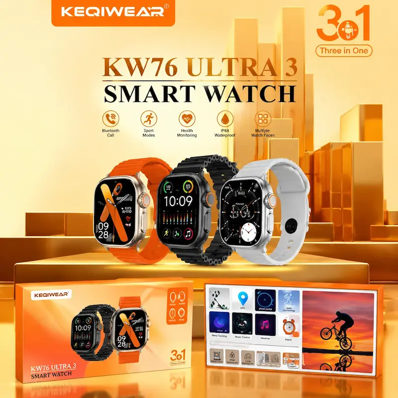 ساعت هوشمند KW76 Ultra 3 مشکی با بند سیلیکونی