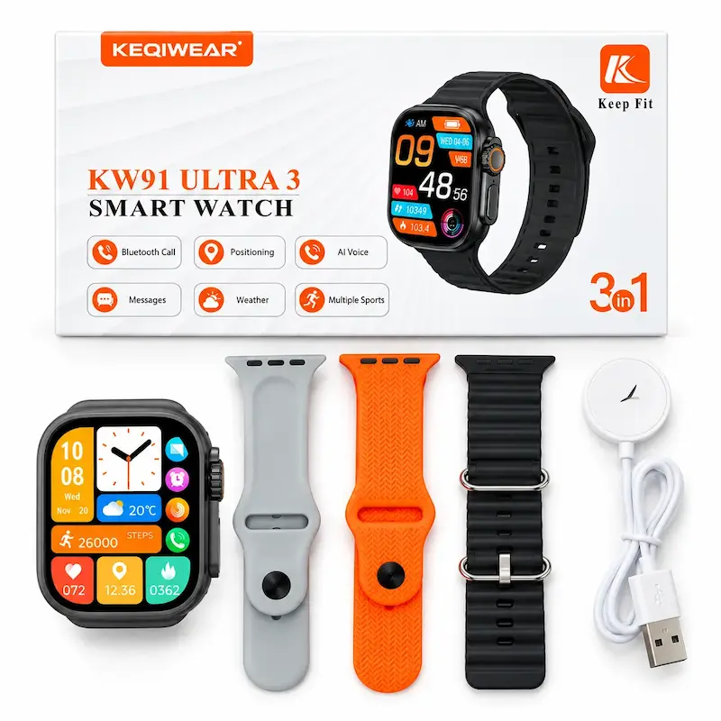 محتویات جعبه ساعت هوشمند KW91 Ultra 3 با ۳ بند