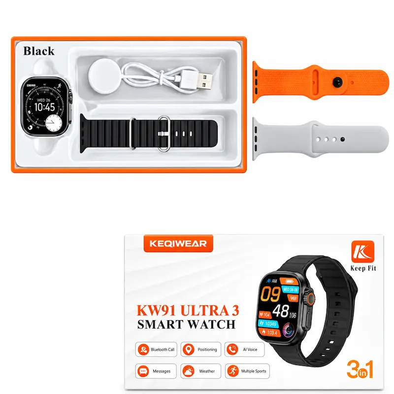 ساعت هوشمند KW91 Ultra 3 مشکی با بند سیلیکونی